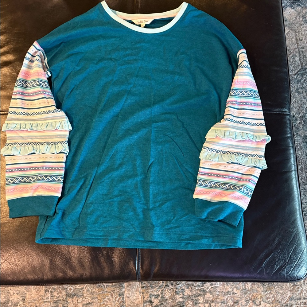 Matilda Jane Blue Long Sleeve with Colorful Ruffle Sleeves - Size 14 NWT